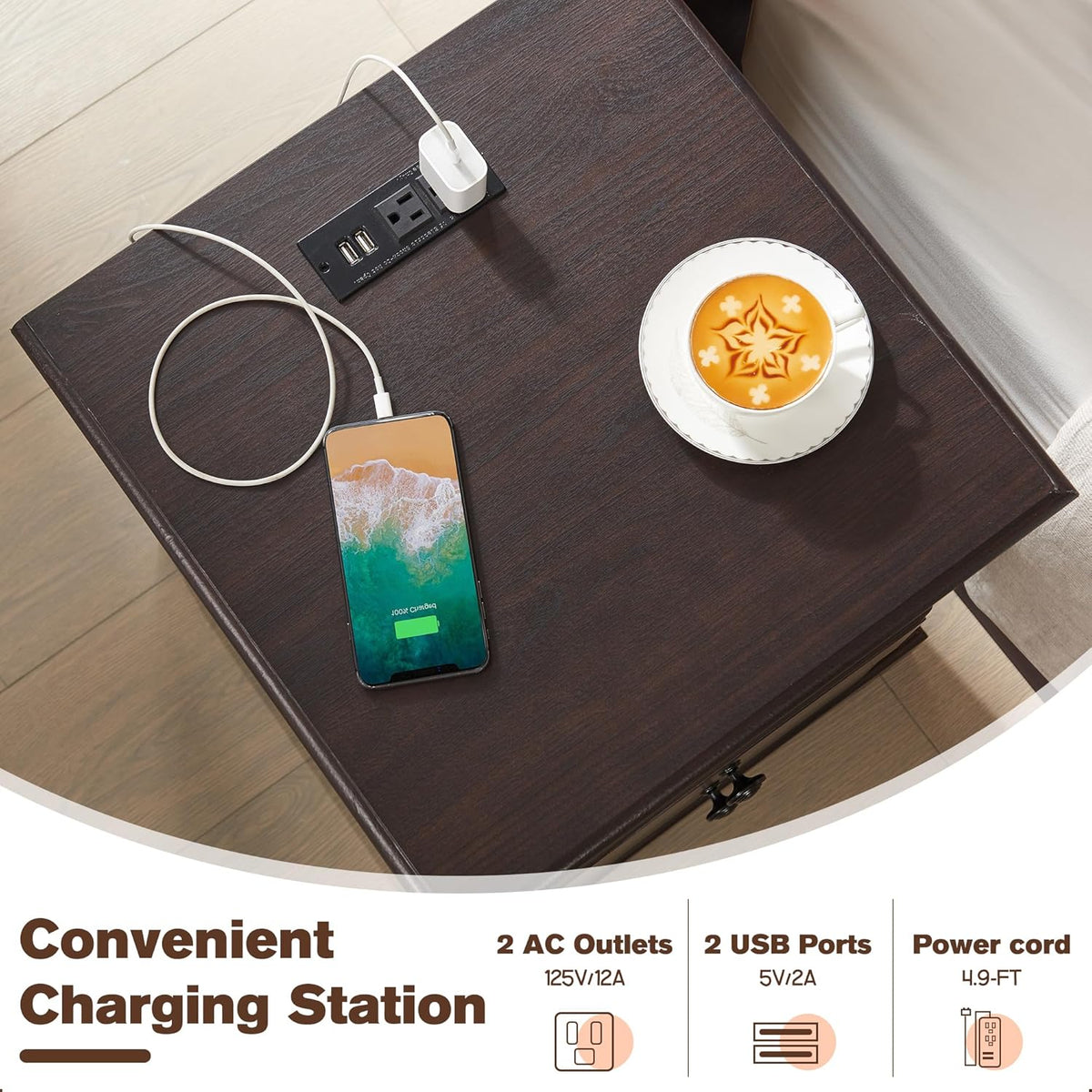 T4TREAM Nightstand with Charging Station, 18 Inch Vintage End Table with 2 Drawers for Living Room