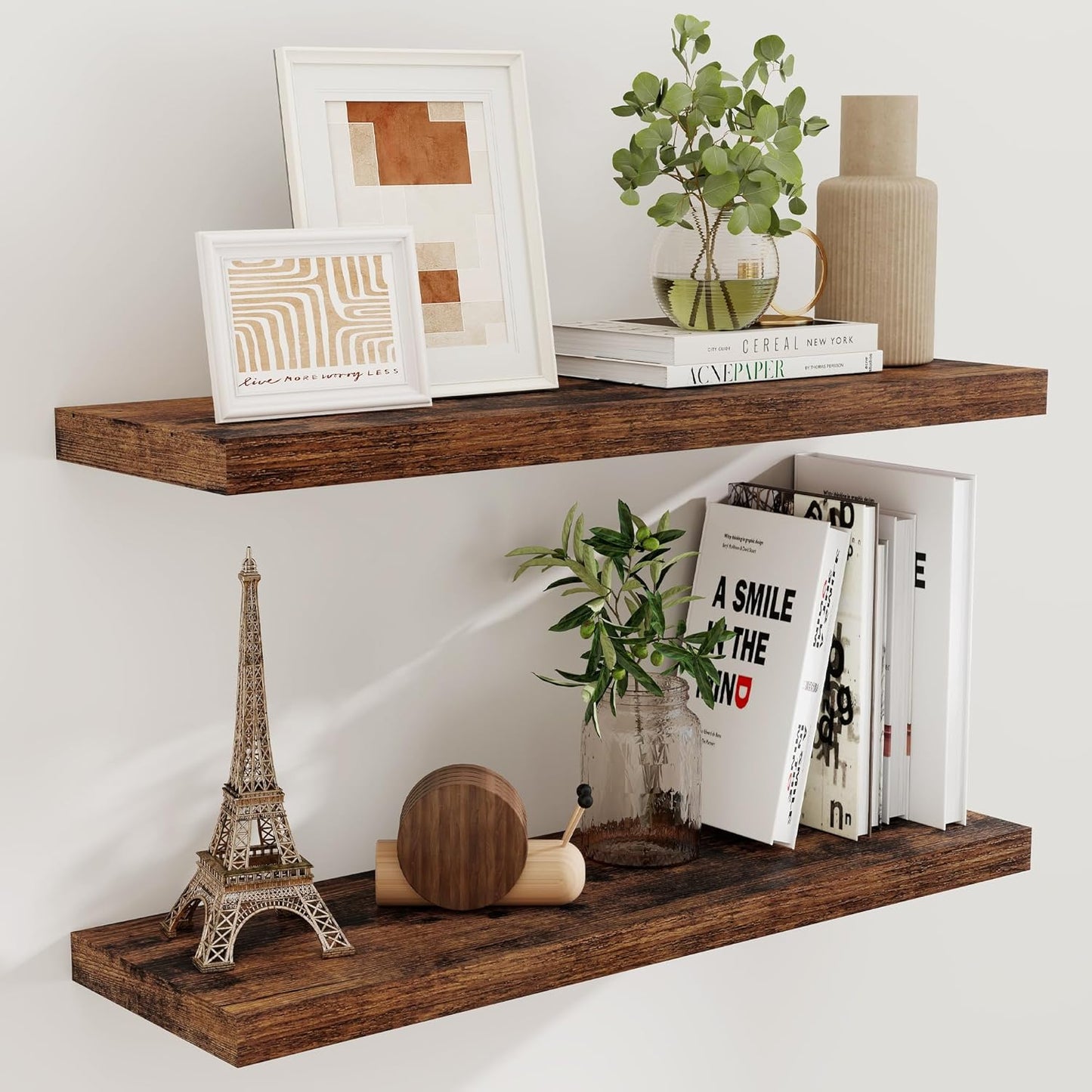 Fun Memories Rustic Wood Floating Shelves for Wall, 36 x 9 Wall Shelves Set of 2, Deep Floating