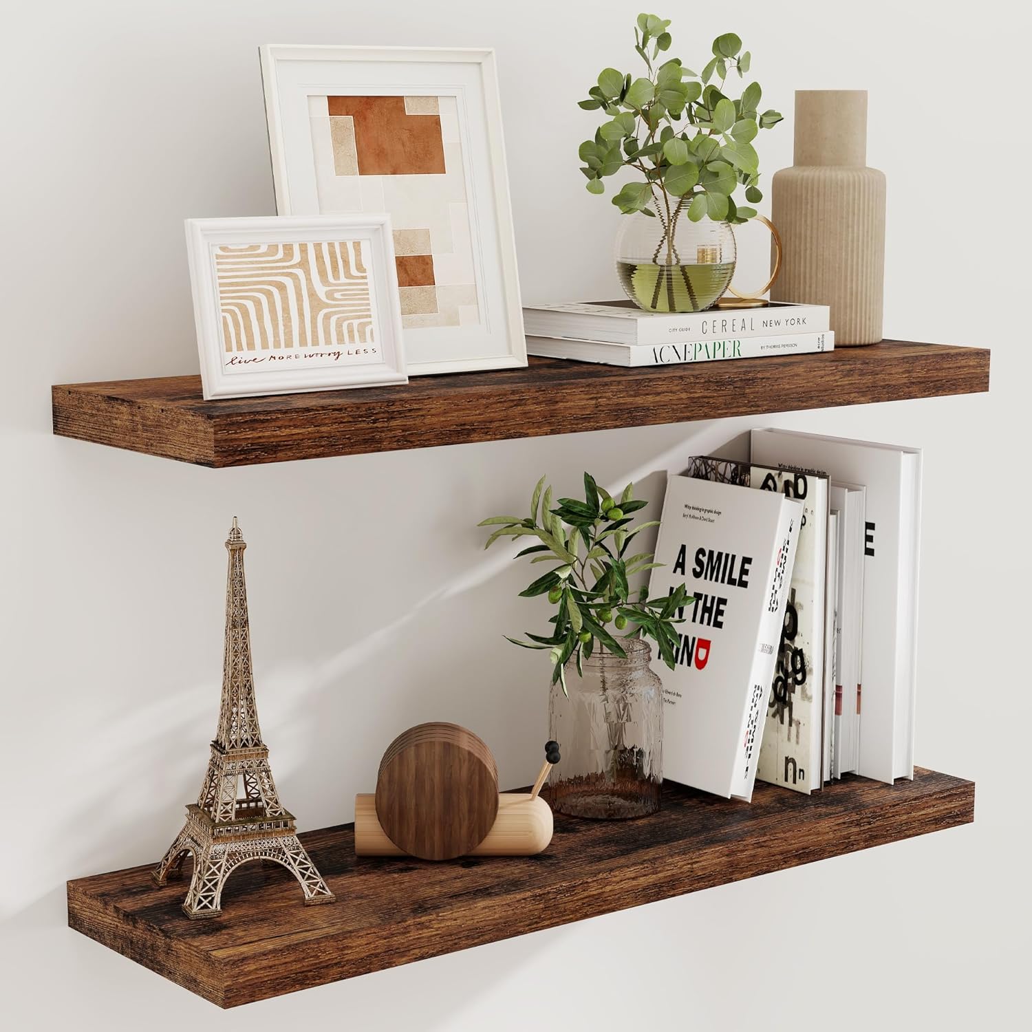 Fun Memories Rustic Wood Floating Shelves for Wall, 36 x 9 Wall Shelves Set of 2, Deep Floating