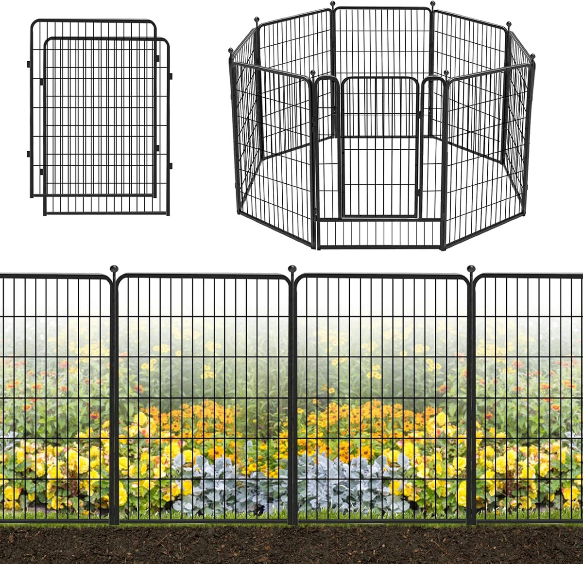 Decorative Black Metal Fencing Garden Fence with Gate, 18ft(L) 40in(H) 8 Fence Panels No Dig Fence