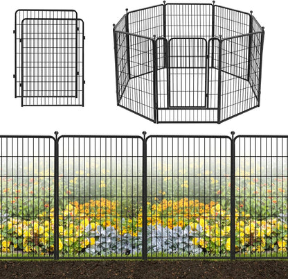 Decorative Black Metal Fencing Garden Fence with Gate, 18ft(L) 40in(H) 8 Fence Panels No Dig Fence