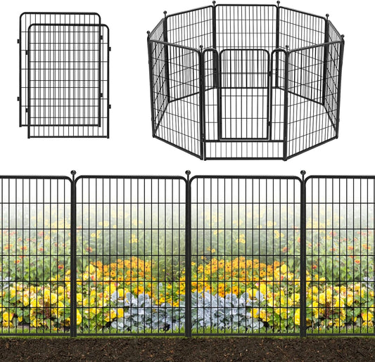 Decorative Black Metal Fencing Garden Fence with Gate, 18ft(L) 40in(H) 8 Fence Panels No Dig Fence