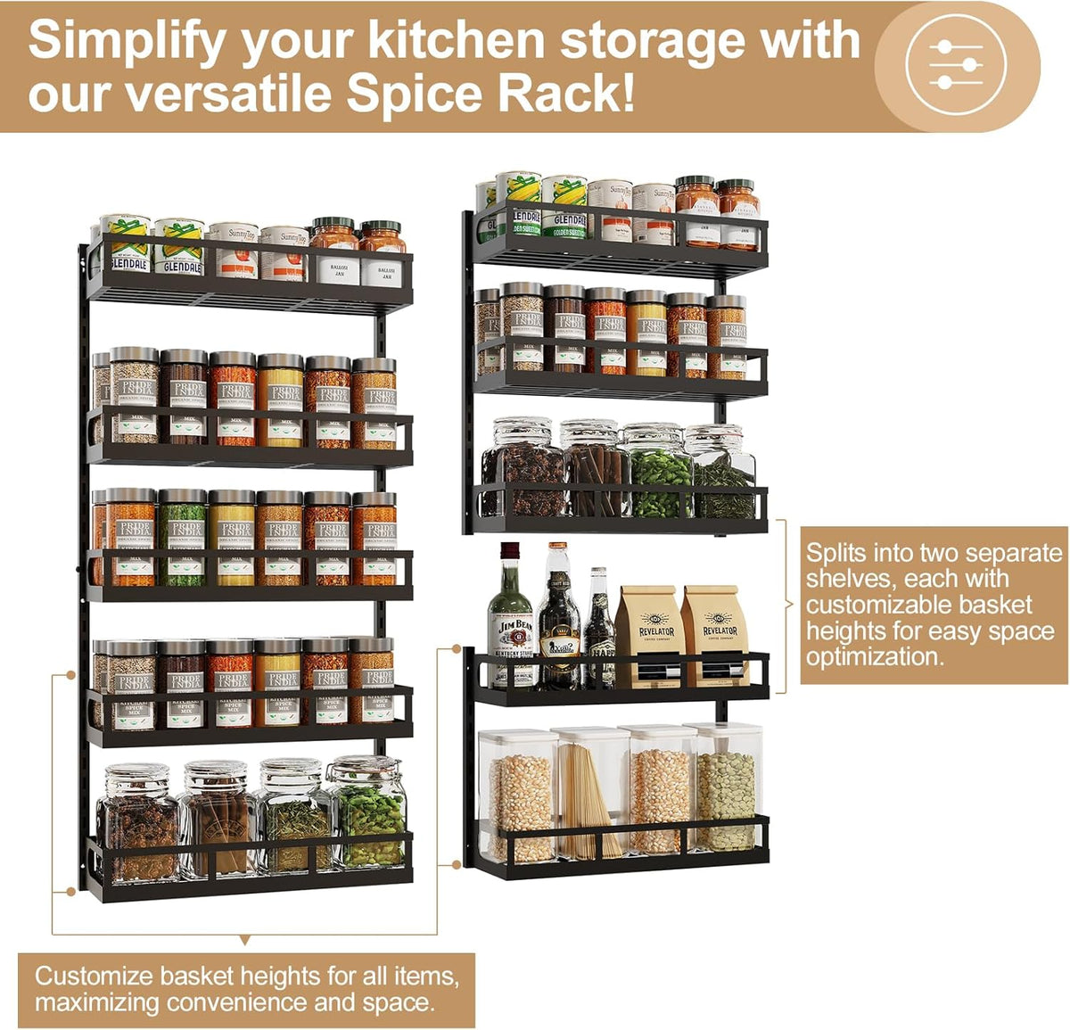 X-cosrack Wall Mount Spice Rack Organizer 5 Tier Height-Adjustable Hanging Spice Shelf Storage for