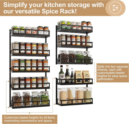 X-cosrack Wall Mount Spice Rack Organizer 5 Tier Height-Adjustable Hanging Spice Shelf Storage for