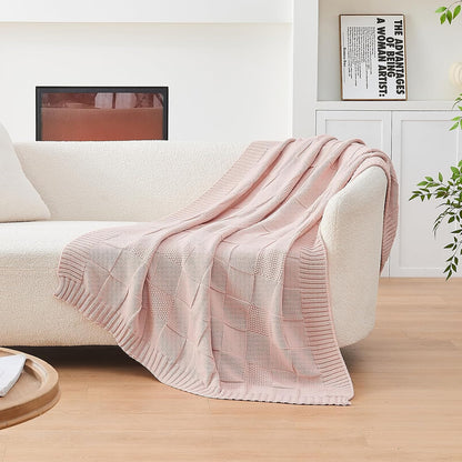 CozeCube Check Knit Throw Blanket, Pink Checkered Throw for Couch, Decorative Christmas Soft Cozy