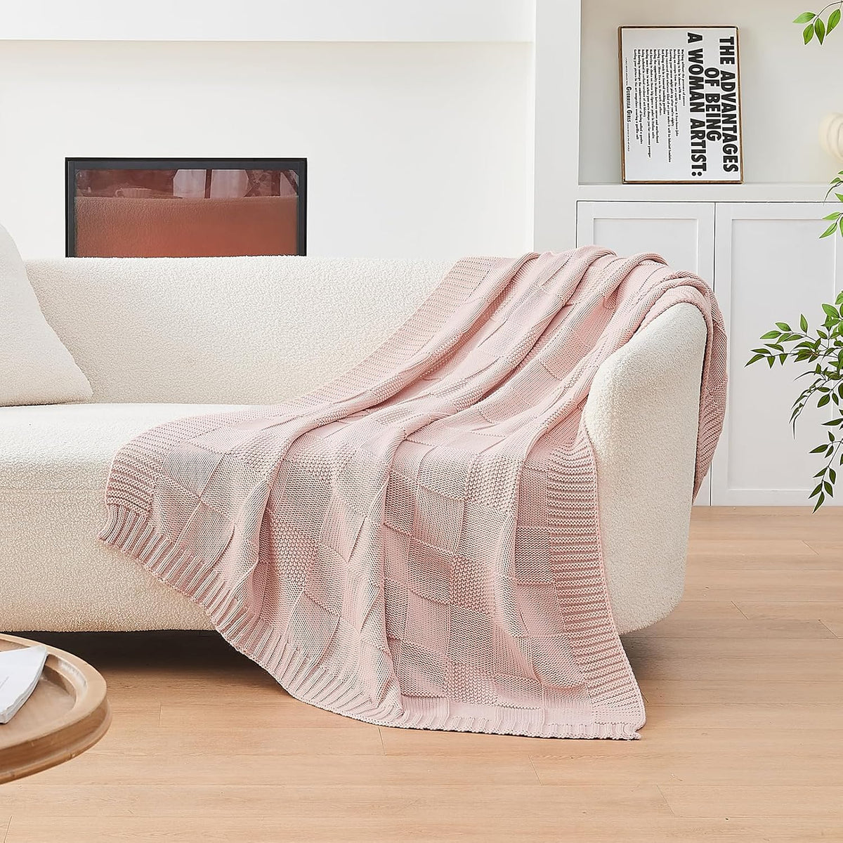 CozeCube Check Knit Throw Blanket, Pink Checkered Throw for Couch, Decorative Christmas Soft Cozy