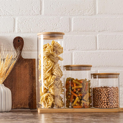 73oz Glass Pasta Storage Jars, Tall Glass Jars with Bamboo Lids, Spaghetti Container, Set of 3
