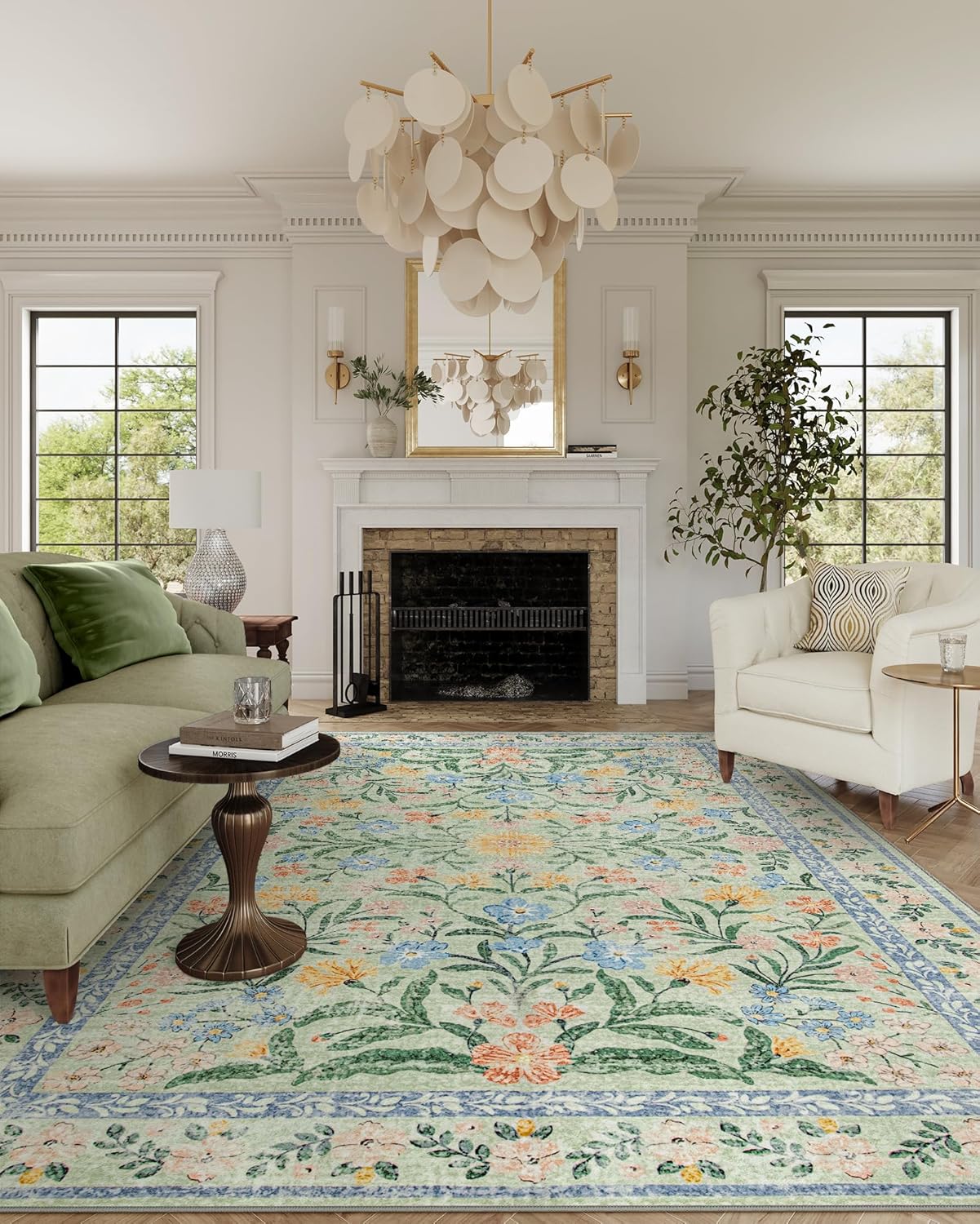 Wonnitar 10x14 Machine Washable Area Rugs, Green Floral Large Rugs for Living Room, Ultra-Thin