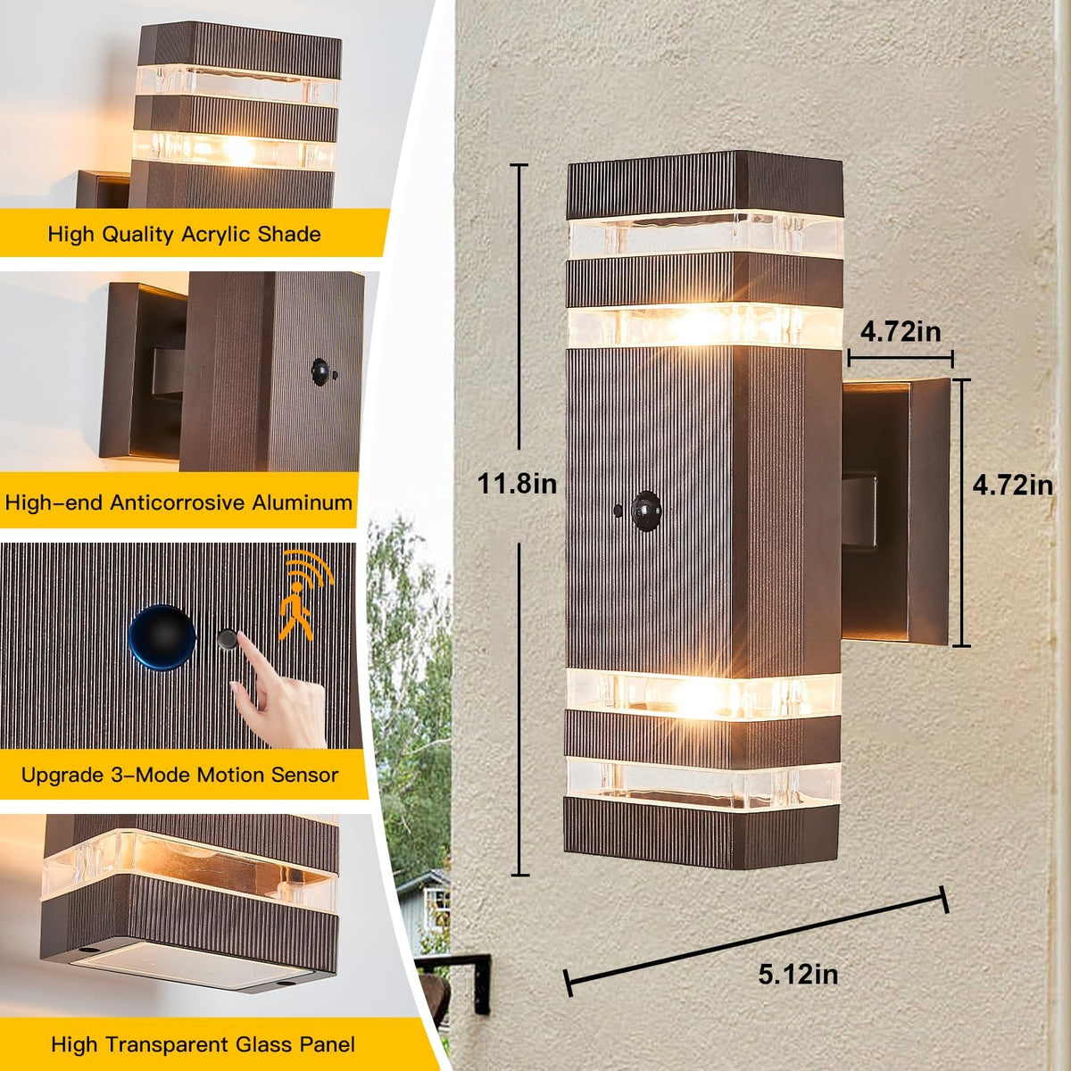 2 Pack Oil Rubbed Bronze Outdoor Wall Lights with 3-Mode Motion Sensor Up Down Porch Lights Modern