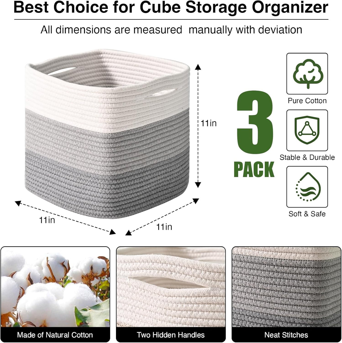 11 Inch Cube Storage Bins, Storage Cube Organizer Bins, Woven Cotton Rope Basket for Storage