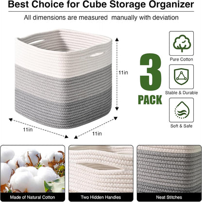 11 Inch Cube Storage Bins, Storage Cube Organizer Bins, Woven Cotton Rope Basket for Storage