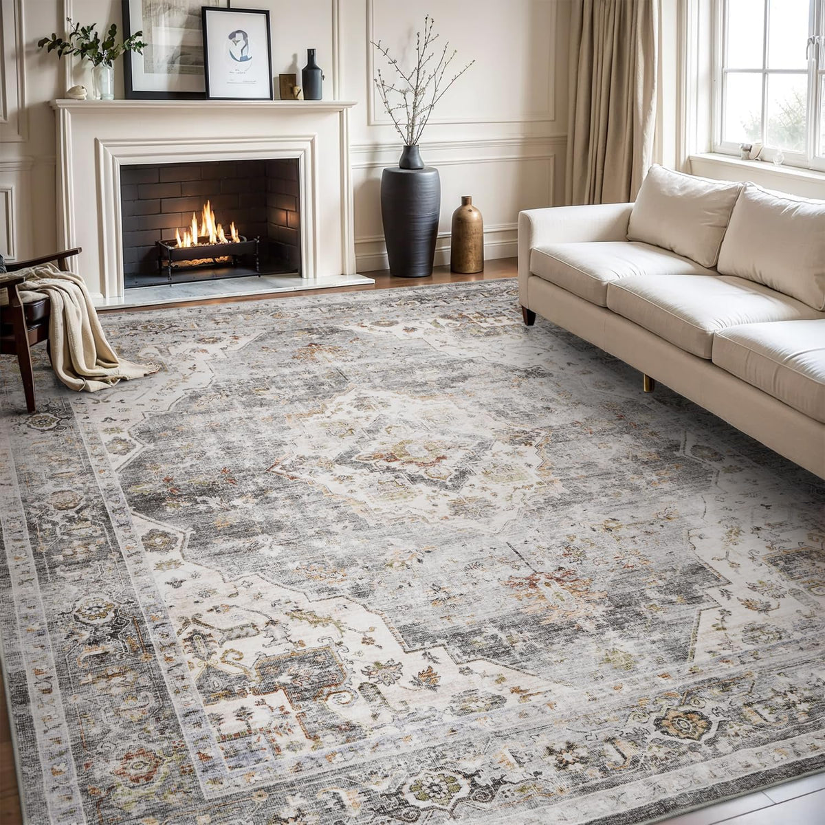 AMOAMI-Area Rug 5X7 Rugs for Living Room-Vintage Soft Grey Rugs for Bedroom-Non Slip Carpet-Machine