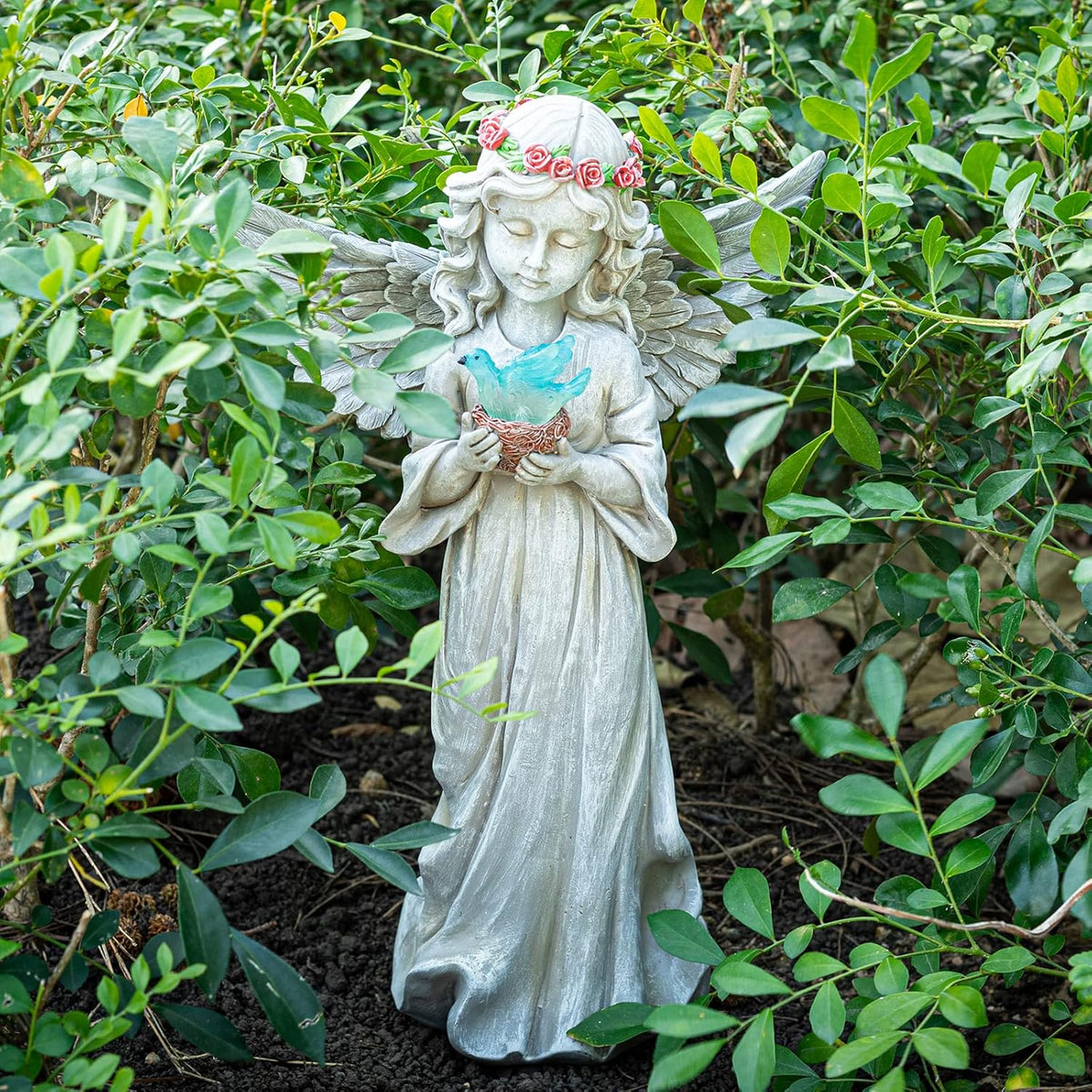 Angel Garden Statue Outdoor Decor, Angel Garden Figurine Hold Dove with Solar Lights Waterproof