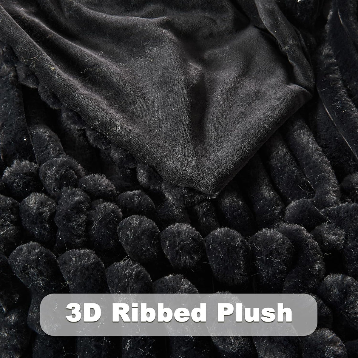 NEWCOSPLAY Faux Fur Twin Blanket Black 3D Ribbed Plush Thick Warm Blanket for Couch Sofa Bed 850GSM