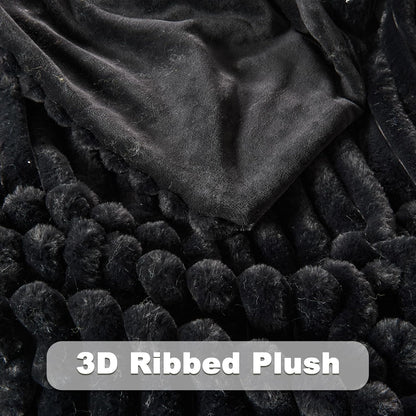 NEWCOSPLAY Faux Fur Twin Blanket Black 3D Ribbed Plush Thick Warm Blanket for Couch Sofa Bed 850GSM