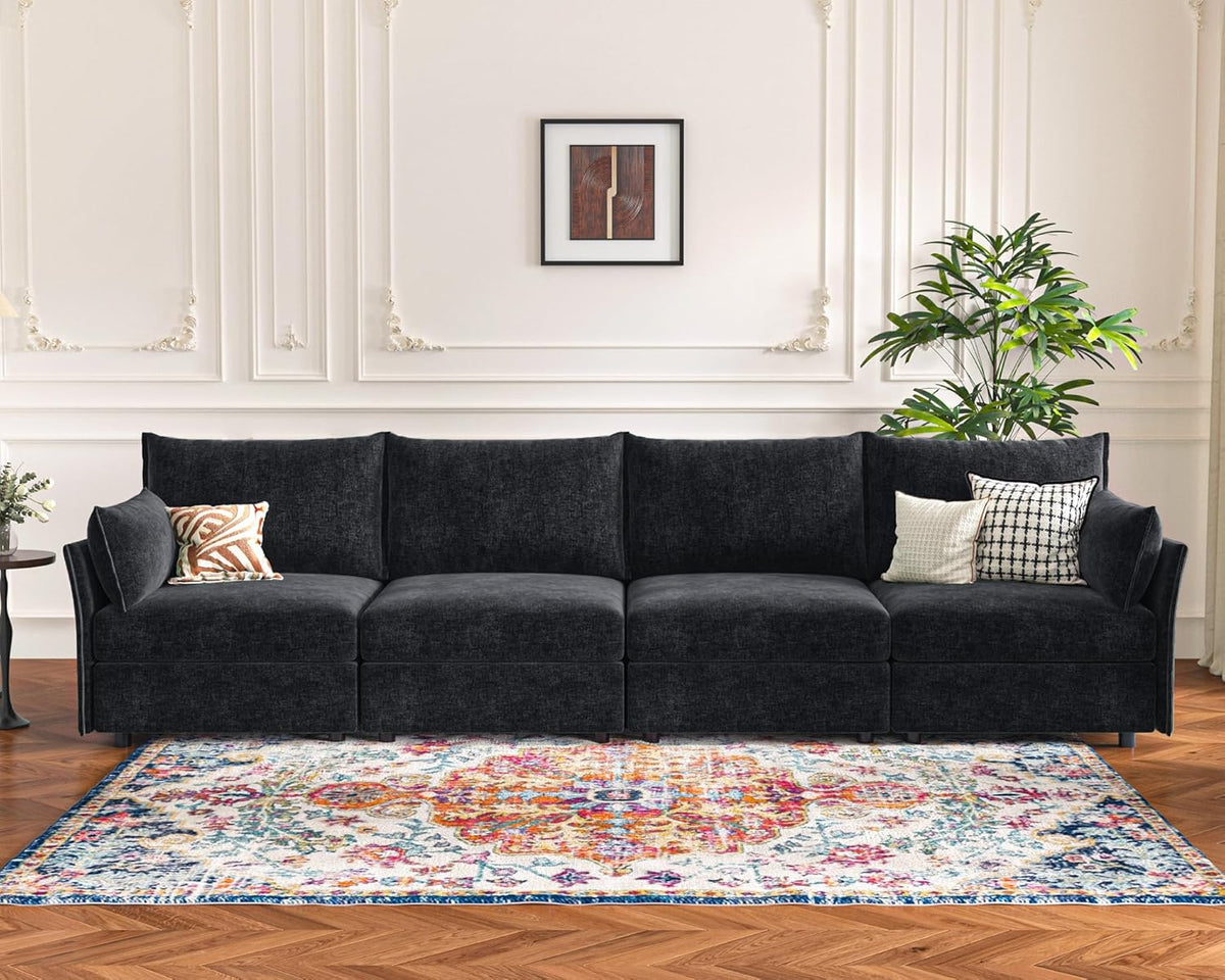 134.6" Modular Sectional Sofa, Oversized 4 Seater Couch with Removable Black Chenille Fabric Cover