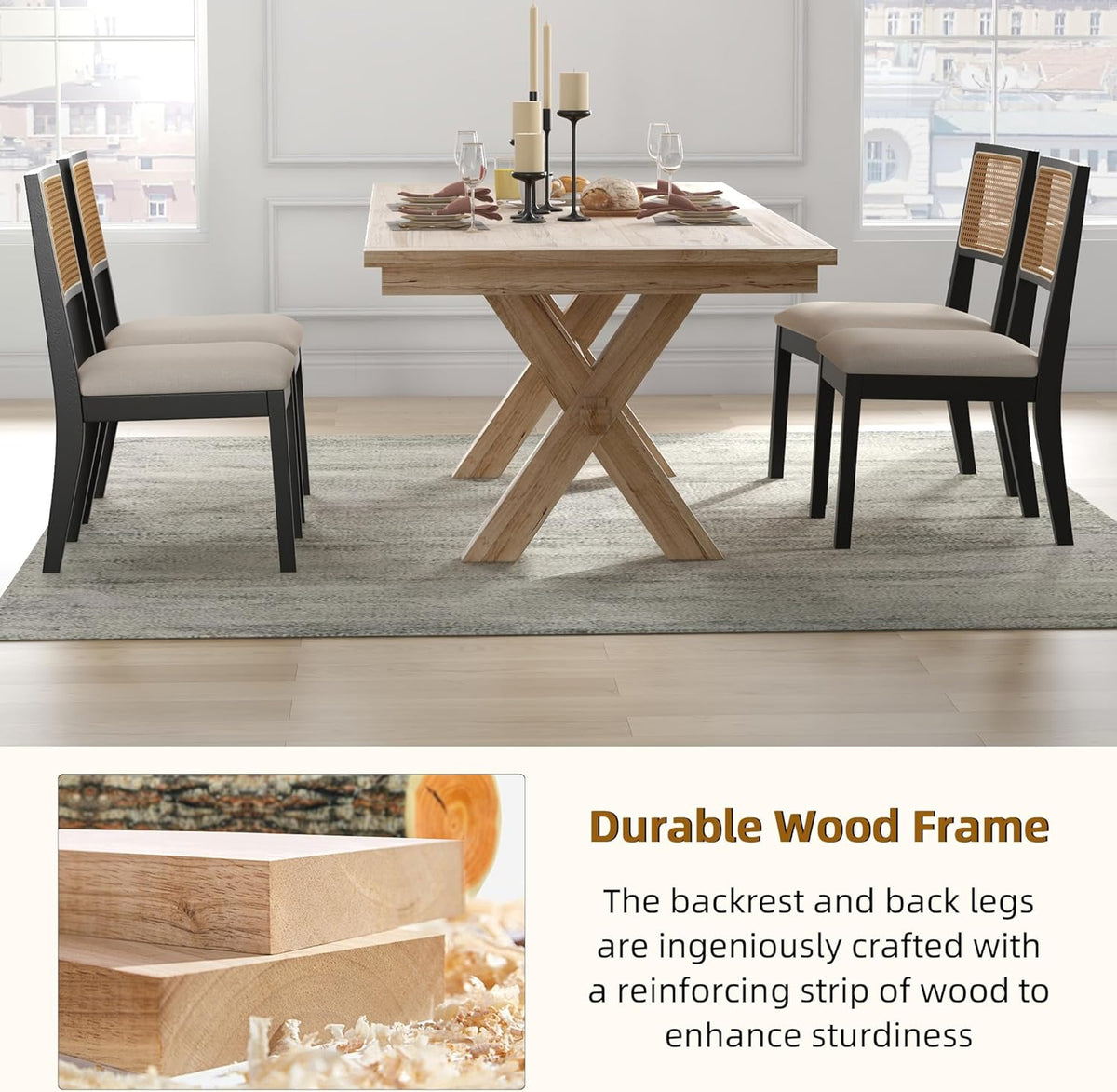 Westice Rattan Dining Chairs Set of 4, Farmhouse Natural Dining Room Chairs with Upholstered