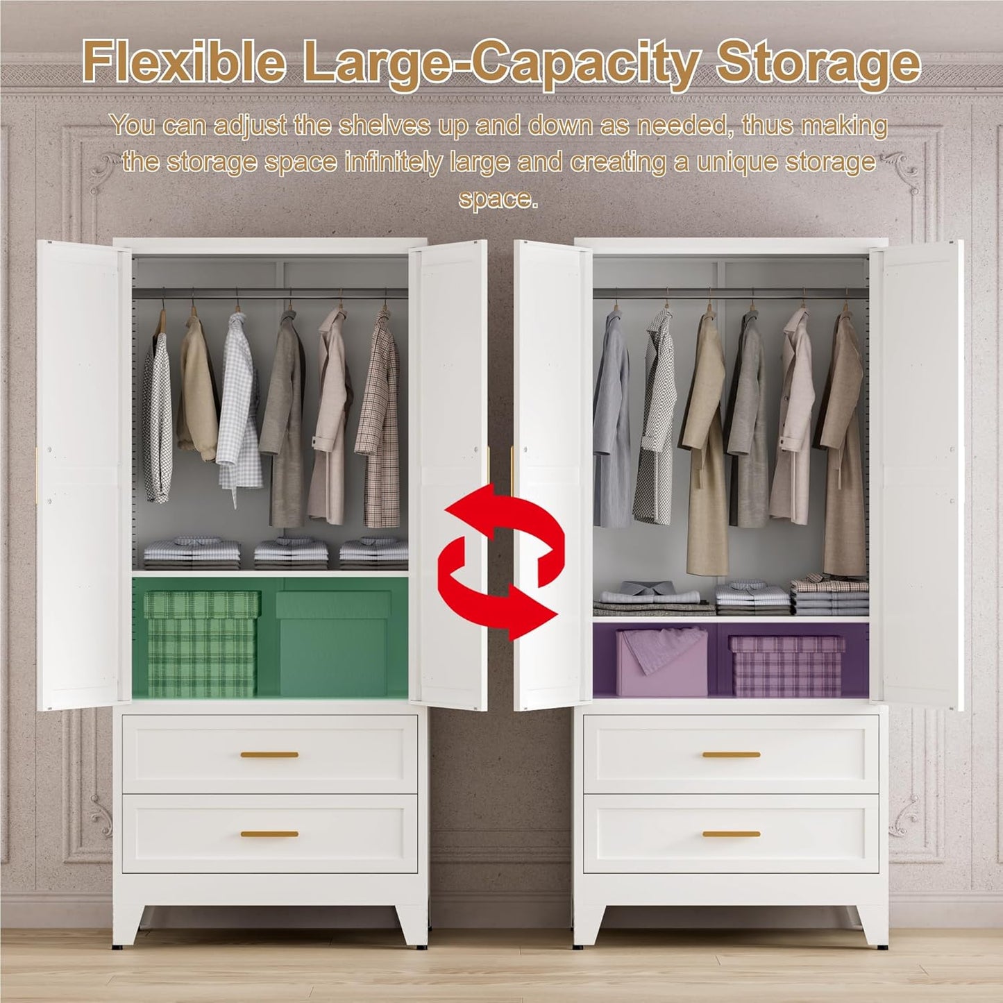 71'' Farmhouse Metal Wardrobe Cabinet with Hanging Rod, 2 Barn Door Wardrobe Closet with Adjustable