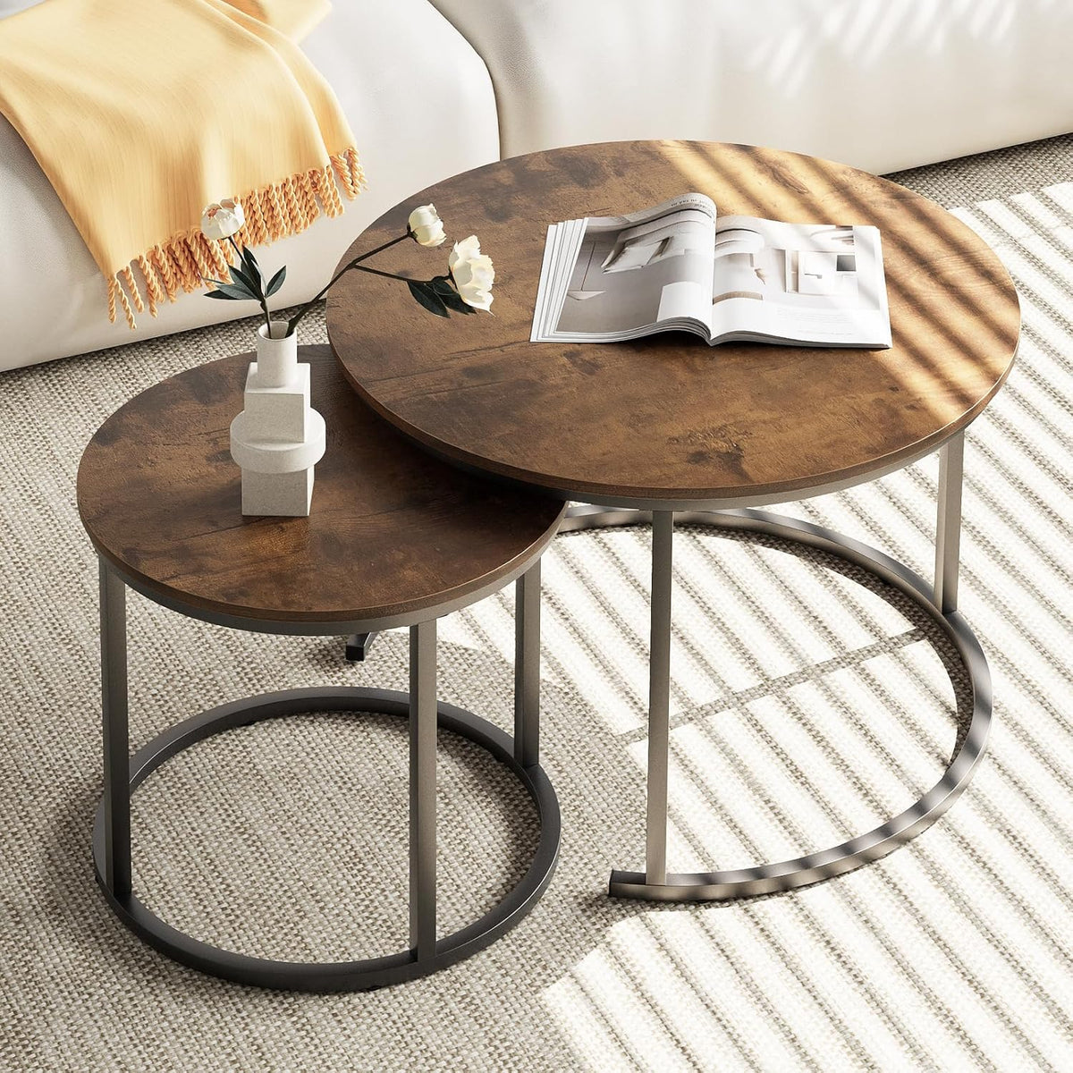 aboxoo Coffee Table Nesting Round Table Set of 2 Side Table with Sturdy Metal Frame for Living Room