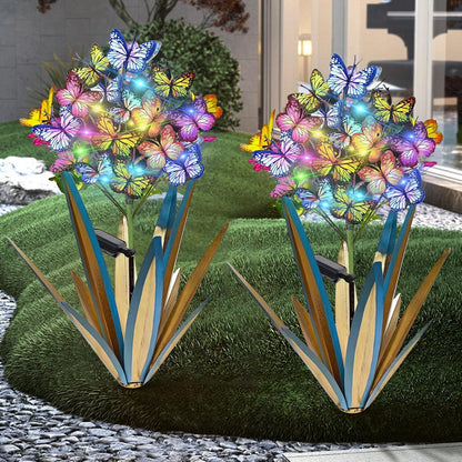 Homight Solar Metal Agave Butterfly Flower Stick Garden Sculpture - Outdoor Gift, Christmas Lights