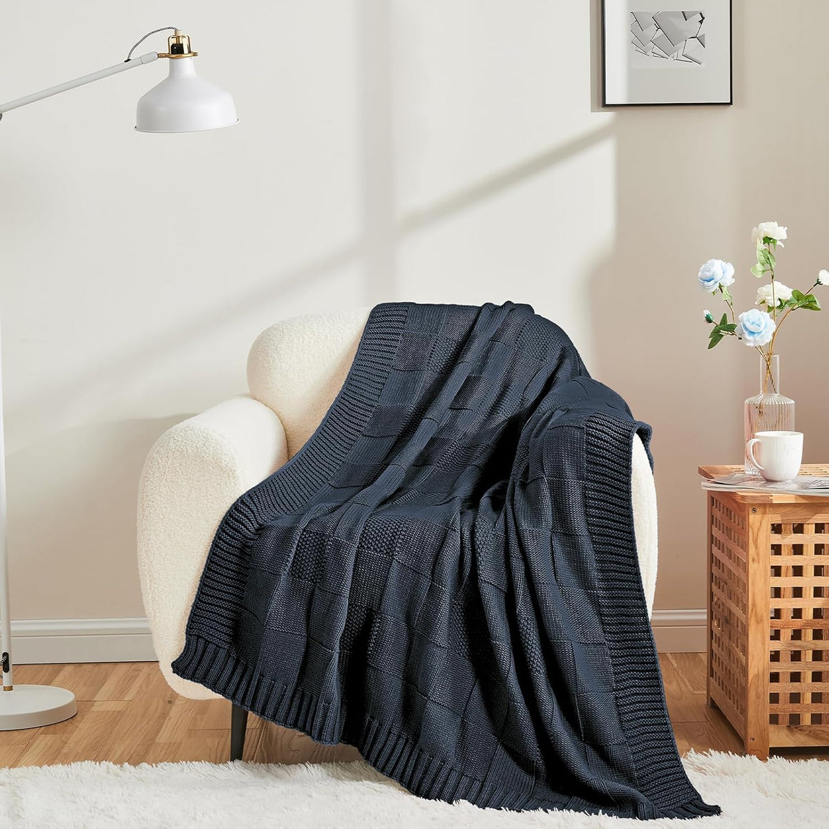 CozeCube Check Knit Throw Blanket, Midnight Navy Checkered Throw for Couch, Decorative Christmas