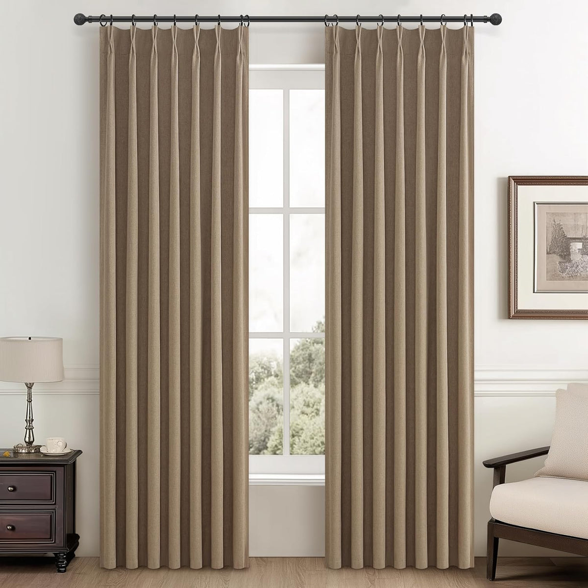 Rust Brown Living Room Curtains 84 Inches Long,Tan Beige Pinch Pleated Linen Basics Window Curtains