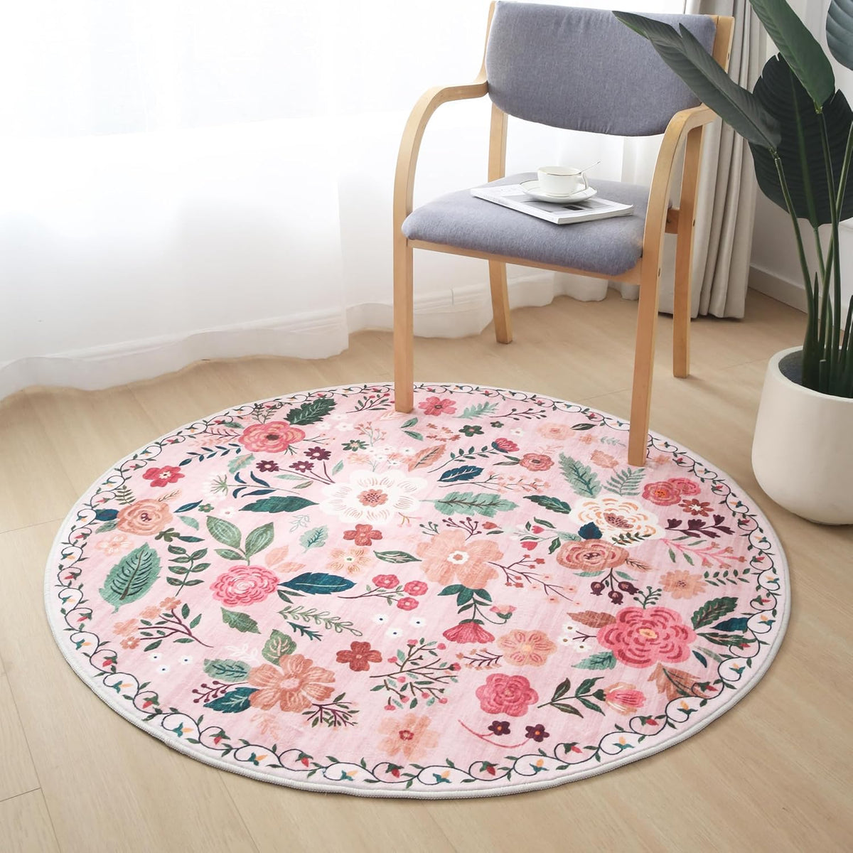 Round Rug 4ft Washable Circle Rug Non Slip Low Pile Boho Floral Small Circular Rug for Bedroom
