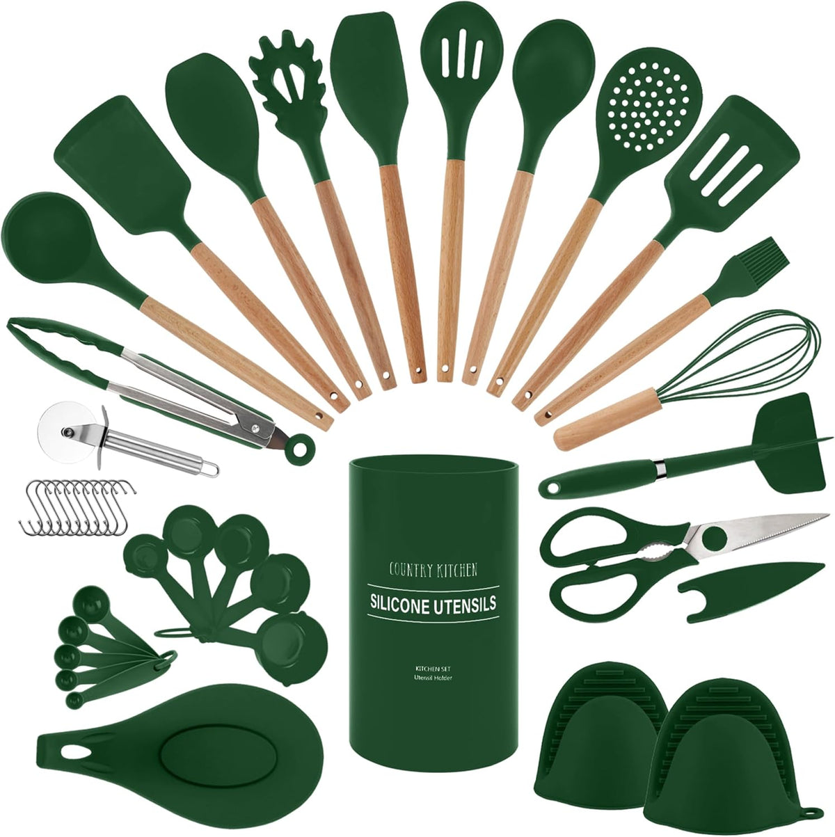 Country Kitchen Non Stick Silicone Utensil Set with Rounded Wood Handles for Cooking and Baking, 38