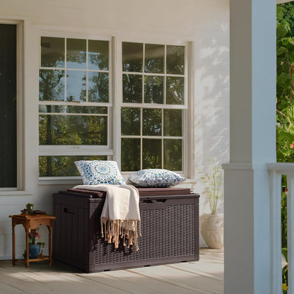 Flamaker Deck Box with Cushion 100 Gallon Waterproof Resin Storage Box with Air Rod Indoor Outdoor