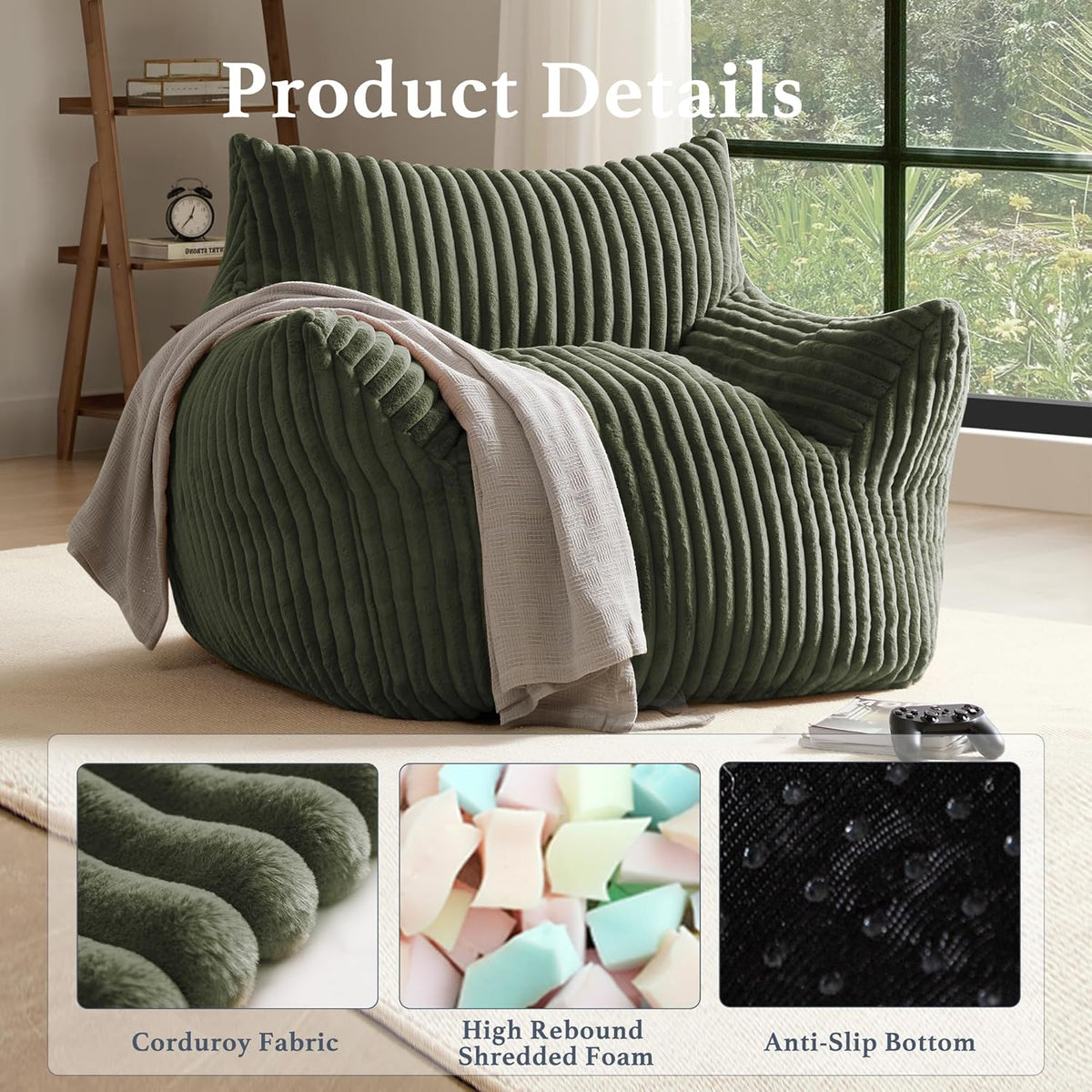 Giant Plush Bean Bag Chair for Adults with Armrests - Oversized Comfy Green Beanbag Lounge Lazy