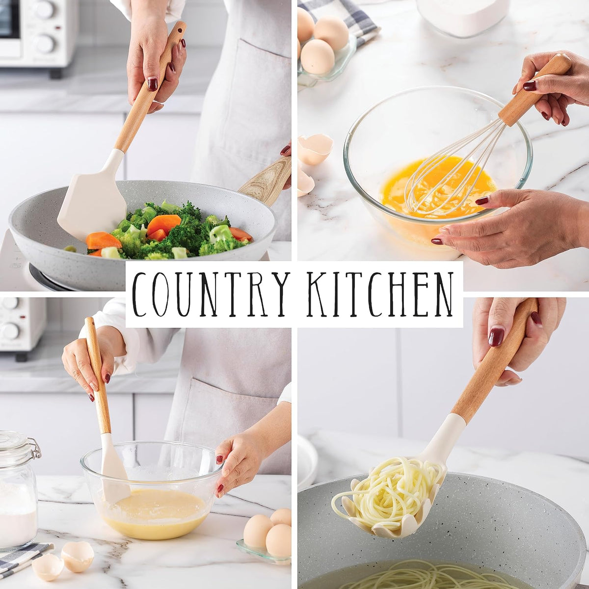 Country Kitchen Non Stick Silicone Utensil Set with Rounded Wood Handles for Cooking and Baking, 38