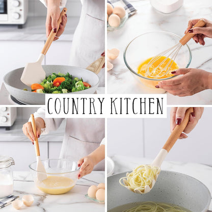Country Kitchen Non Stick Silicone Utensil Set with Rounded Wood Handles for Cooking and Baking, 38