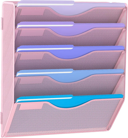 5 Tier Hanging Wall File Organizer, Mesh Mail Paper Orgnization Hanging File Folder Holder for Home