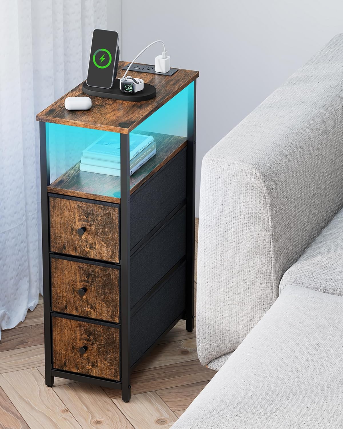 TUTOTAK Narrow LED Night Stand with Charging Station, Slim End Table with Plugins, Tall Side Table