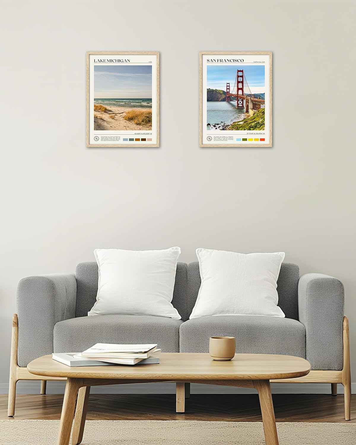 HesenDot Natural OAK Wood Lake Michigan Framed Wall Art,12x16in Natural Scenery Canvas Wall