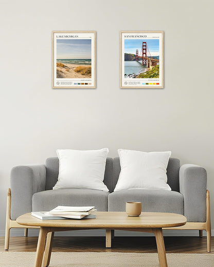 HesenDot Natural OAK Wood Lake Michigan Framed Wall Art,12x16in Natural Scenery Canvas Wall