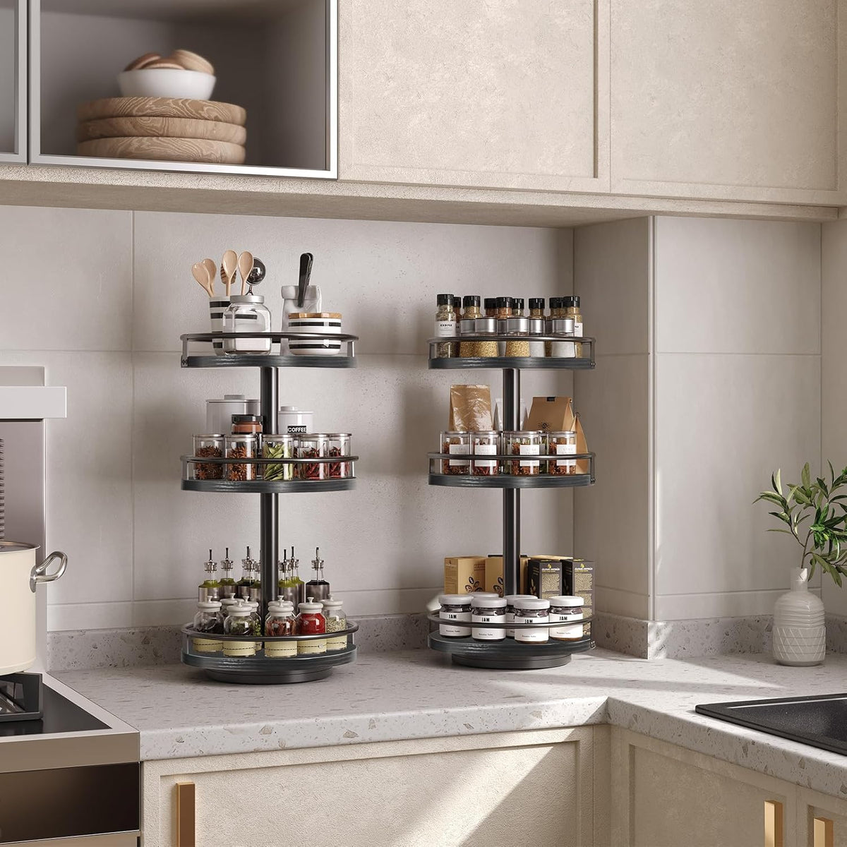 HOOBRO Lazy Susan Organizer, Rotating Spice Rack, 3-Tier Organizer, Turntable Spice Rack, Vertical
