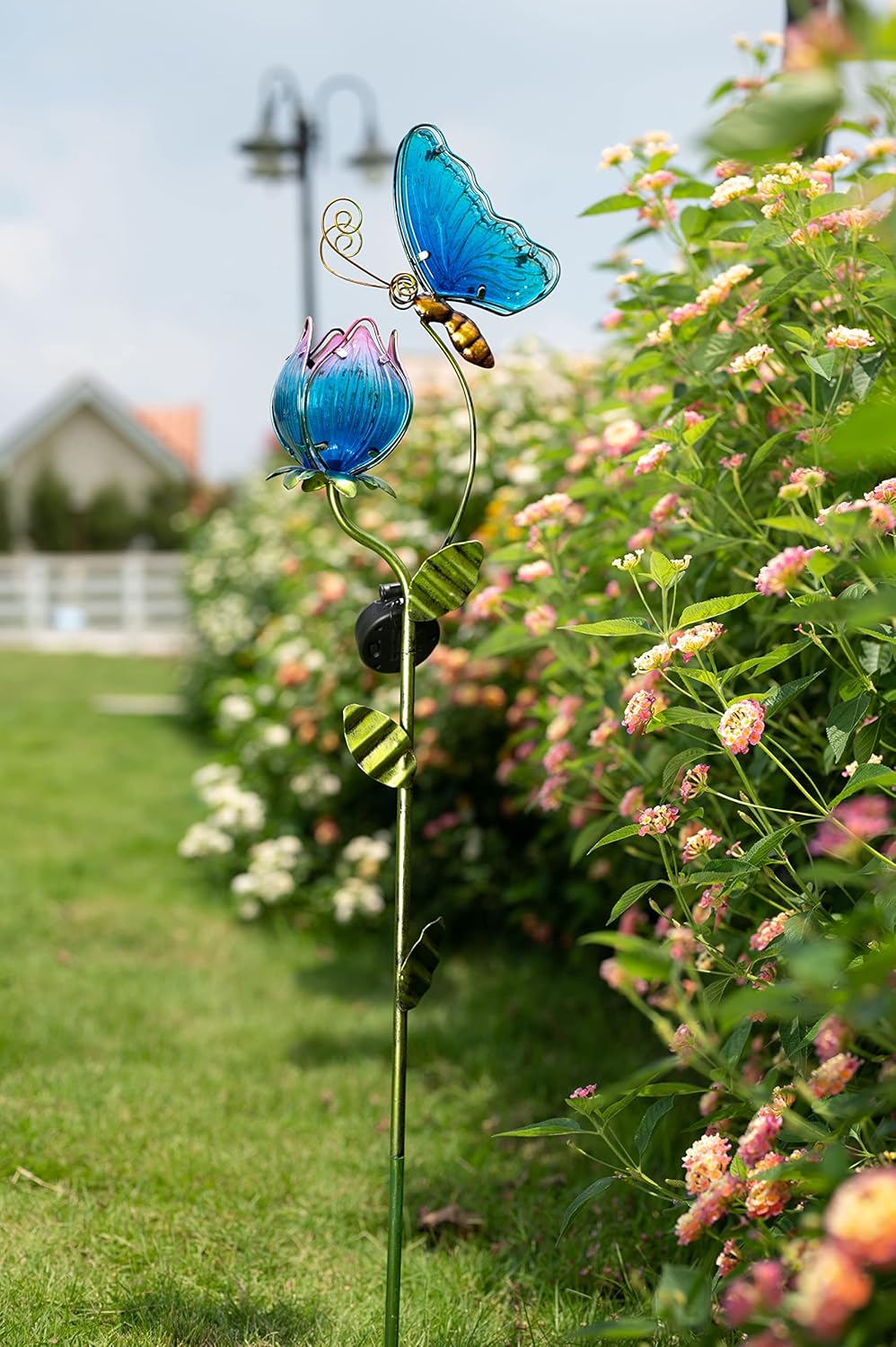 TERESA'S Collections Flower Yard Decorations Outdoor, 42'' Blue Glass Butterfly Solar Outdoor