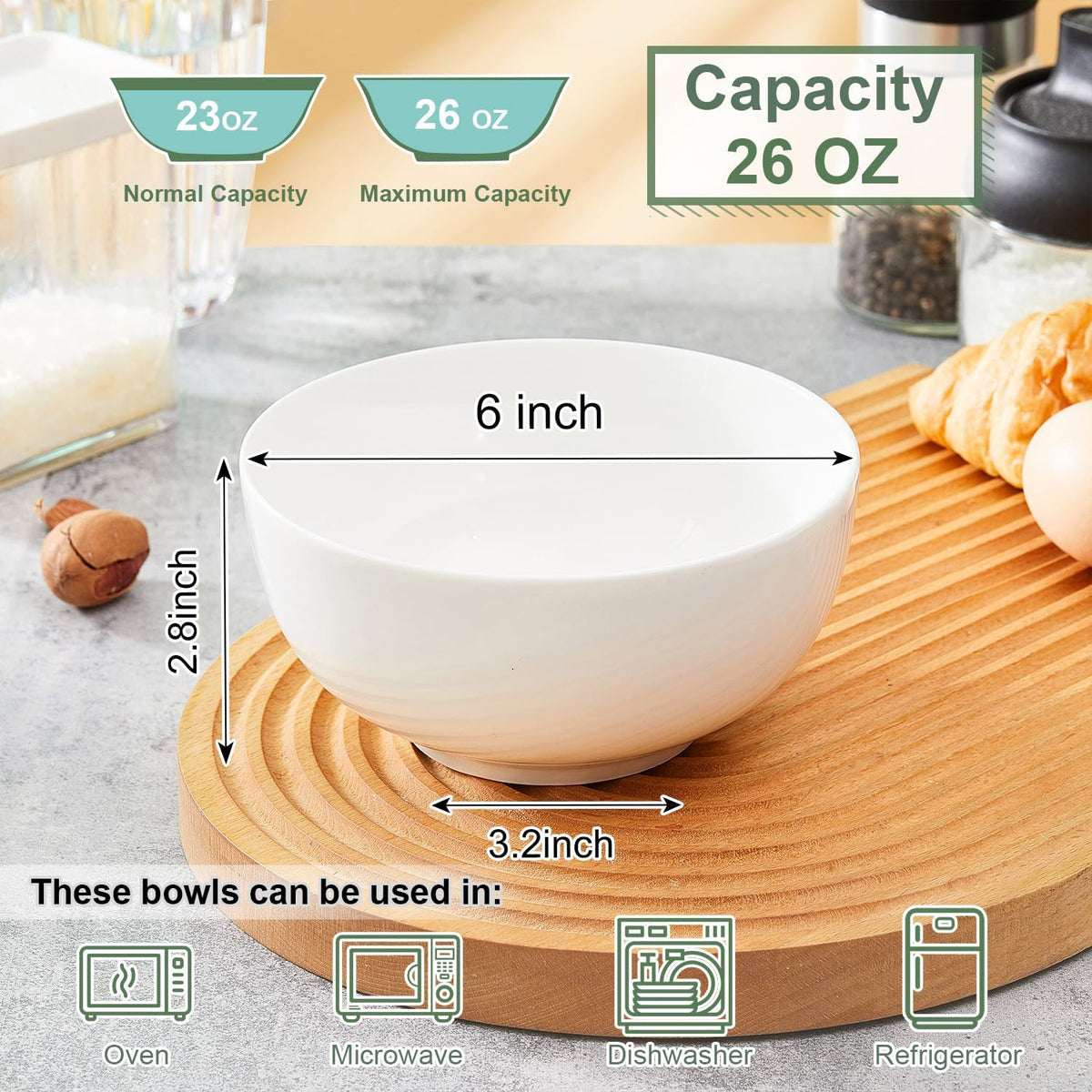 White Soup Bowls 6 in, 26Oz round Large Ceramic Bowl set of 6, Deep Porcelain Bowls for Cereal