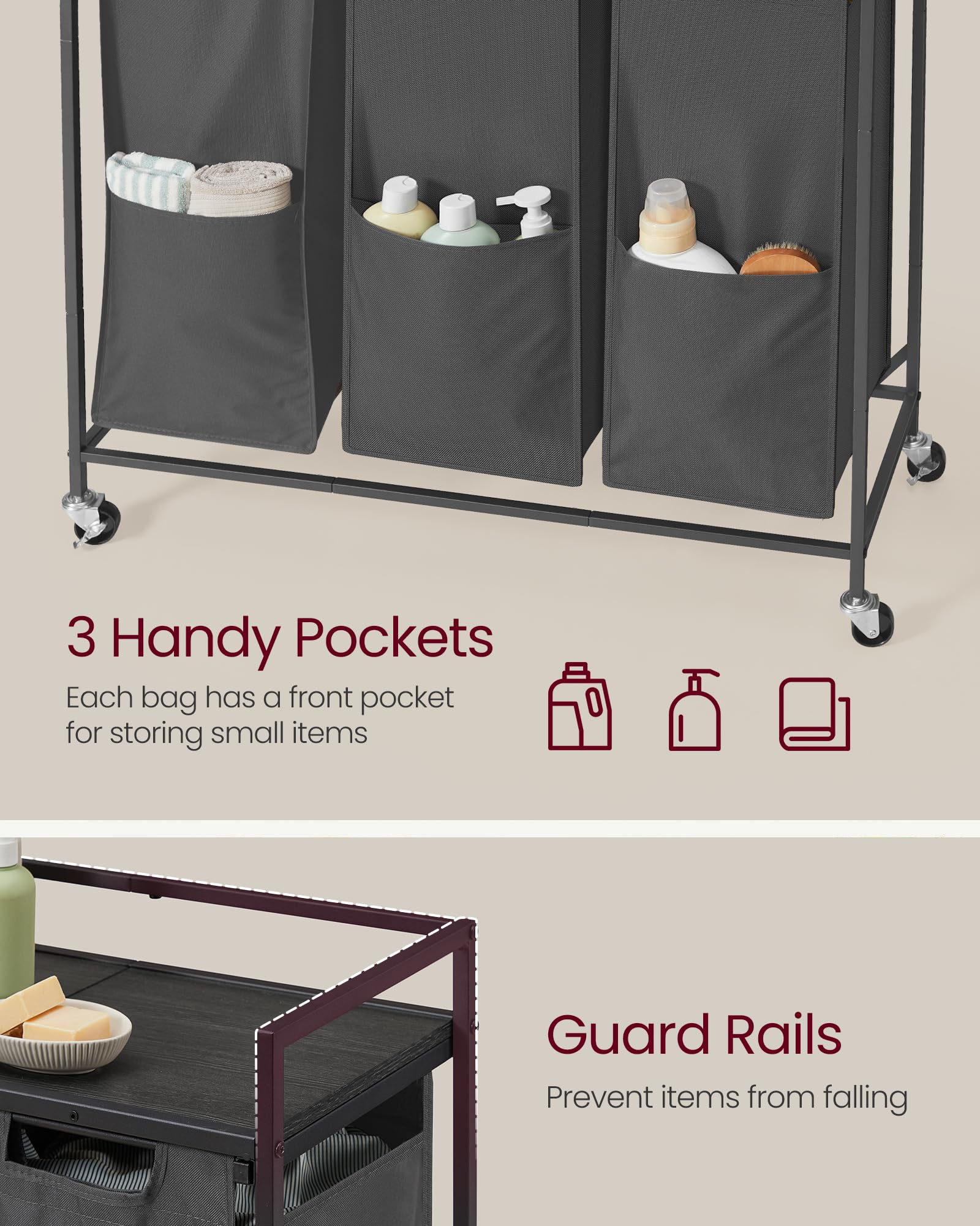 VASAGLE Laundry Sorter, 43.5 Gal. (165 L) Laundry Hamper Basket with 3 Compartments, Rolling Cart