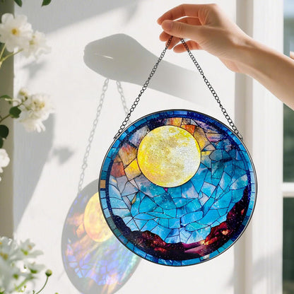Stained Glass Window Hanging - 8 Inch Full Moon Suncatcher for Window Doors Home Decoration