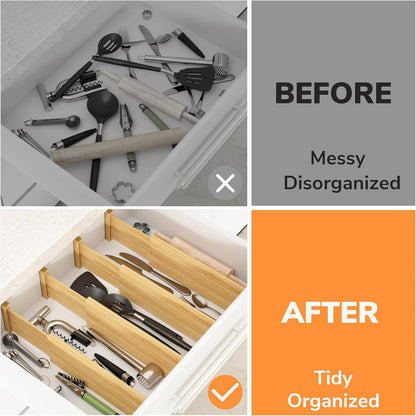 BAMEOS 4 PCS Bamboo Drawer Divider Adjustable Drawer Dividers Kitchen Drawer Organization Utensil