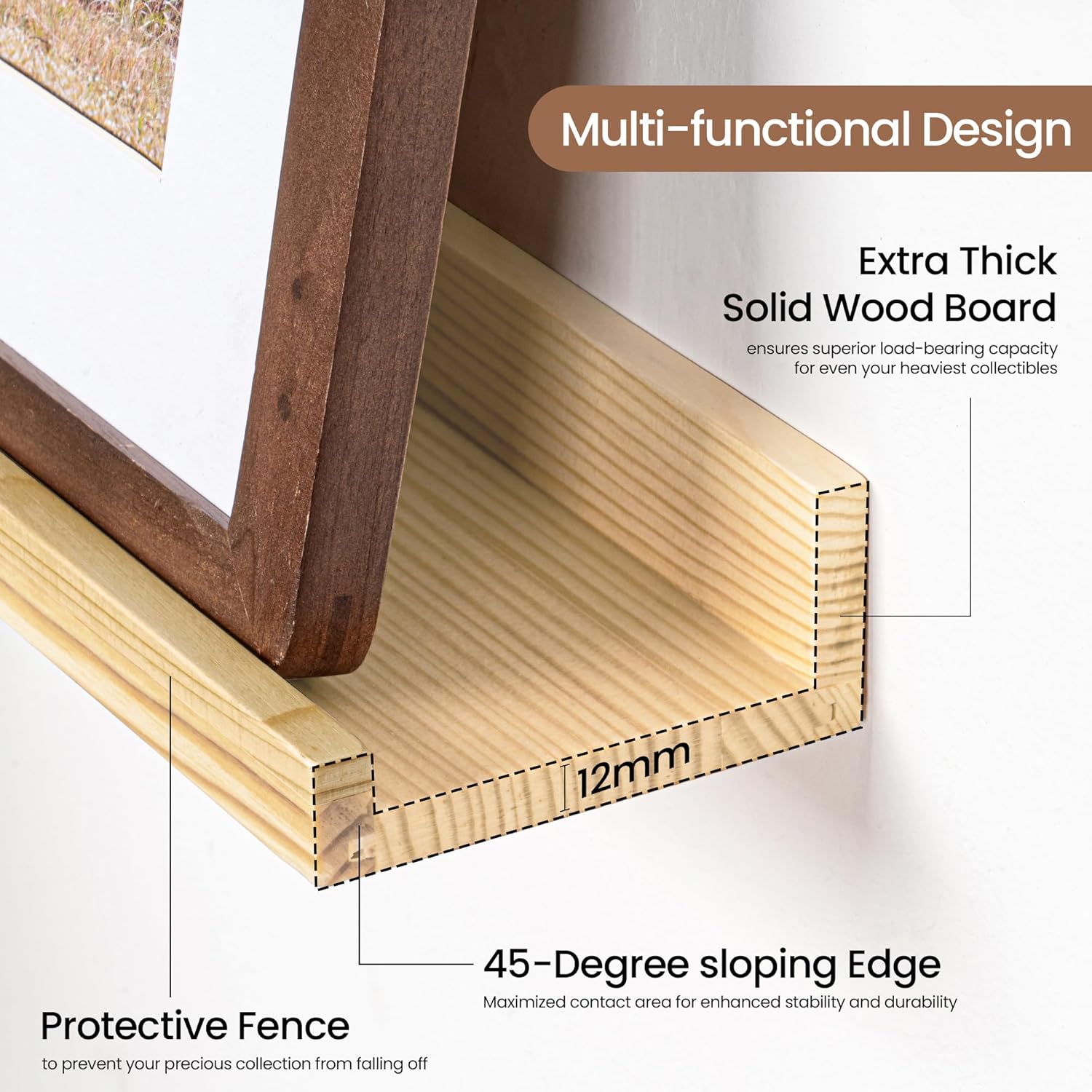 Picture Ledge Shelf, Solid Pine Wood Floating Shelves Set of 2, 24 Inches Nursery Book Shelves for