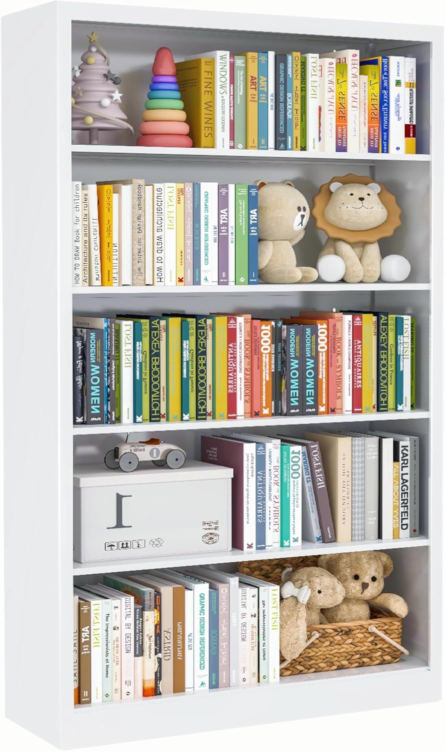 White Bookshelf, 55” Adjustable Tall Metal Bookshelf, 5-Tier Wide Bookshelf with Anti-Tilt Device