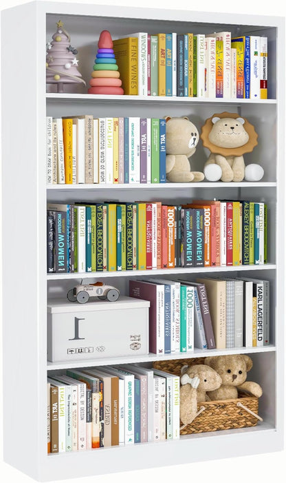 White Bookshelf, 55” Adjustable Tall Metal Bookshelf, 5-Tier Wide Bookshelf with Anti-Tilt Device