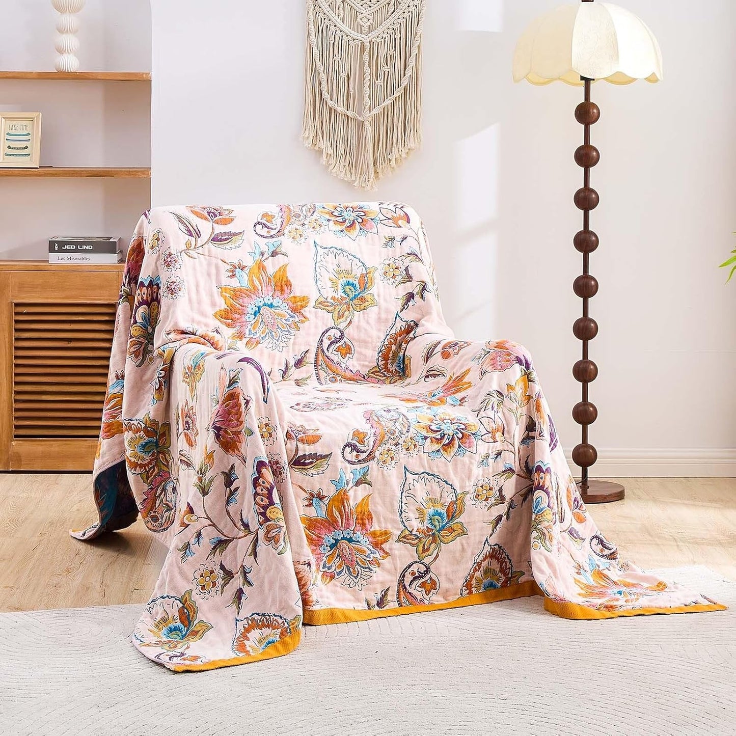 Boho Throw Blanket for Bed, 100% Cotton Soft Rustic Quilt Fall Blanket, 90"x98" Floral Printed