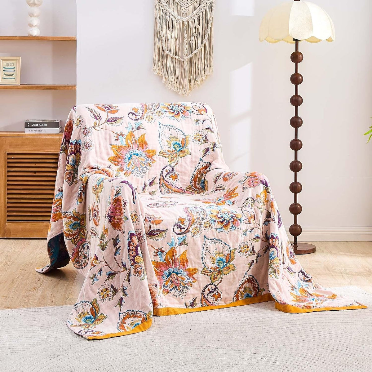 Boho Throw Blanket for Bed, 100% Cotton Soft Rustic Quilt Fall Blanket, 90"x98" Floral Printed