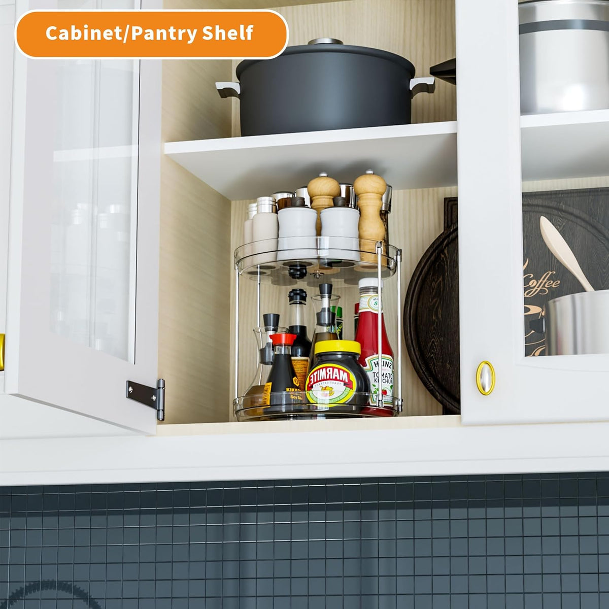2 Tier Lazy Susan Turntable for Cabinet,Countertop,Pantry,9.5"W Spinning Seasoning Organizer,Double
