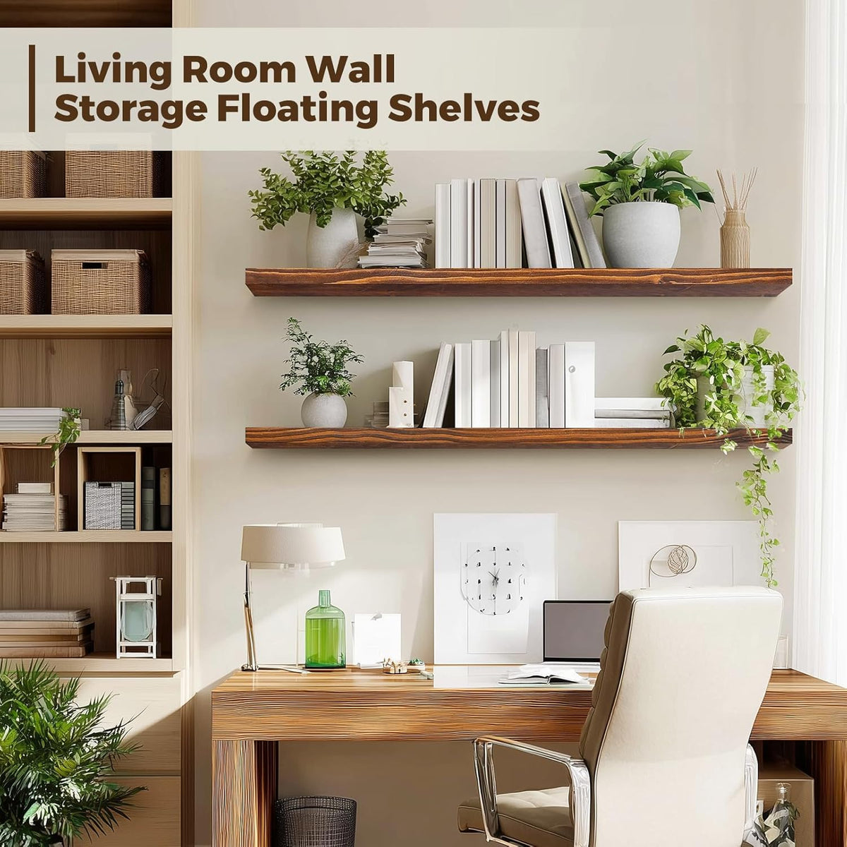 Floating Wall Shelves 2-Pack - 36-Inch Rustic Brown Wooden Shelves for Storage and Décor, Easy