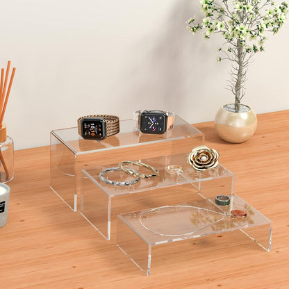 Clear Riser Shelf 3pcs, Desktop Rectangular Acrylic Display Shelves Organizer, Acrylic Stands for